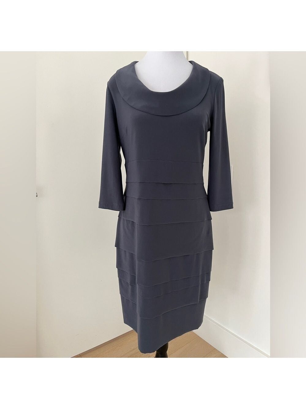 JOSEPH RIBKOFF Scoop Cowl Neck Dress 3/4 Sleeve Layered Detail Skirt Event Chic